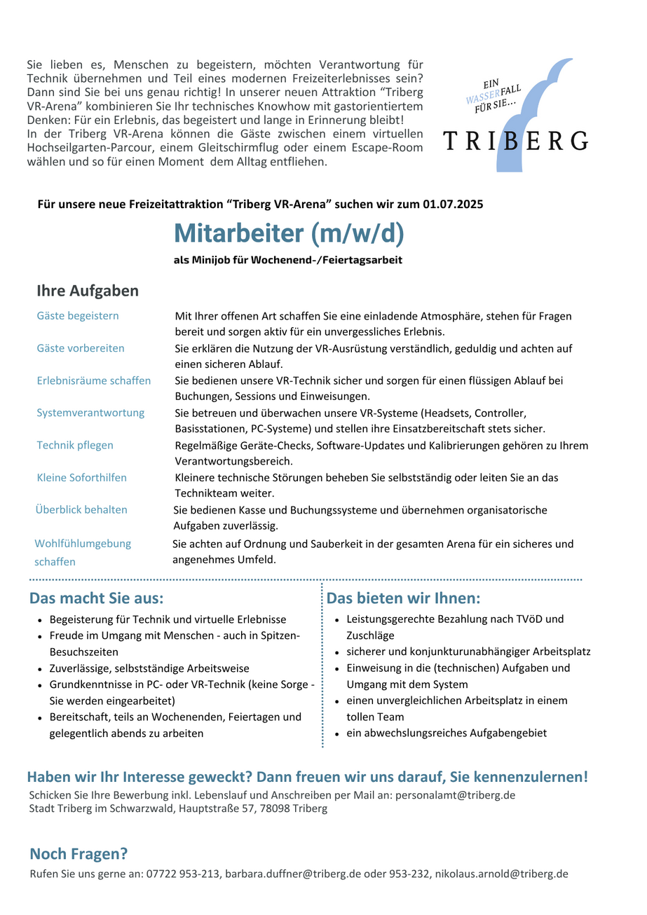 Eine Stellenanzeige für die neue Freizeitattraktion triberg vr-arena auf Minijob-Basis