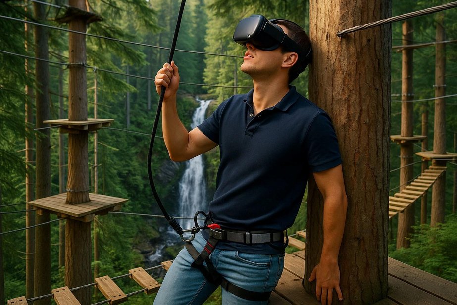 Ein Mann, der auf einer Hochseilgarten-Plattform steht, eine VR-Brille trägt und im Hintergrund sieht man die Triberger Wasserfälle
