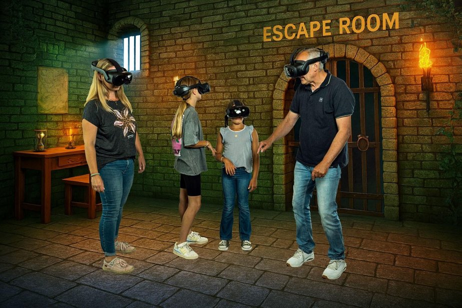 Eine Frau, zwei Kinder und ein Mann in einem virtuellen Escape Room